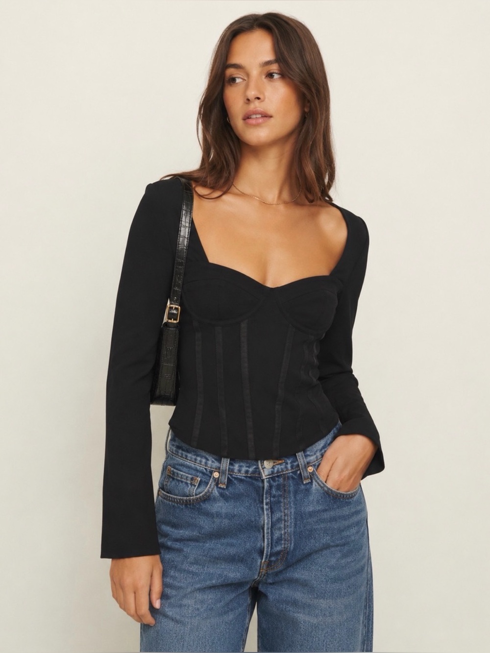 Reformation Amina Long-Sleeve Corset Bustier Sweetheart Neck Boning Top Size 12